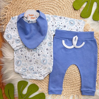 Conj. Body Manga Longa, Calça e Babador Bandana Bichinhos - Azul Bic